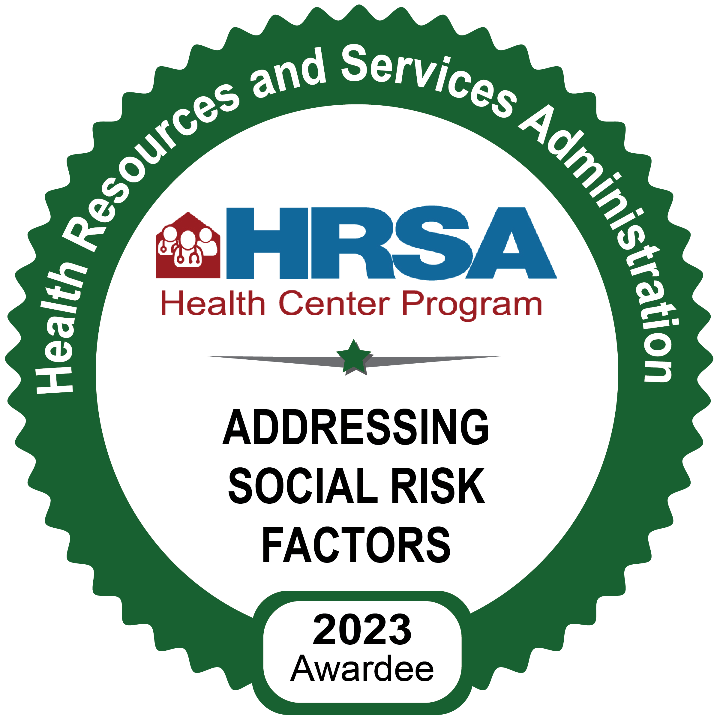 HRSA Addressing Social Risk Factors seal with green border