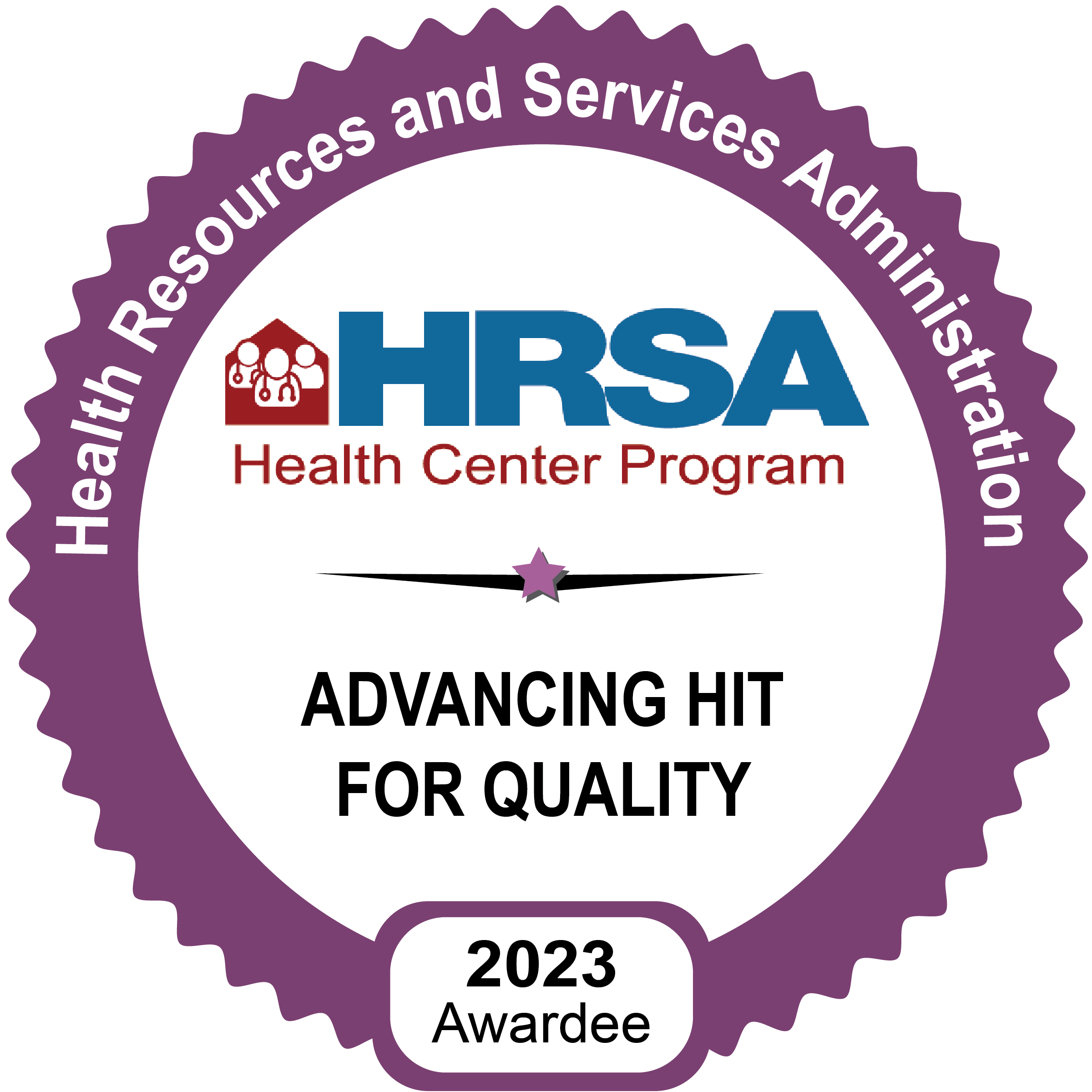 HRSA Advancing Hit for Quality seal with purple border